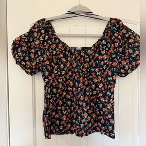 Old Navy Floral Puff Sleeve Blouse - Black and Orange
